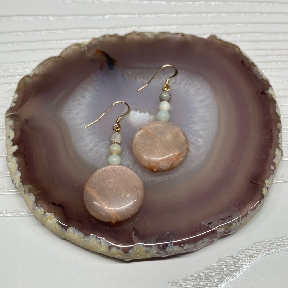 HANDMADE Genuine Multi-Color Moonstone & Amazonite w 14K Gold Filled Earrings